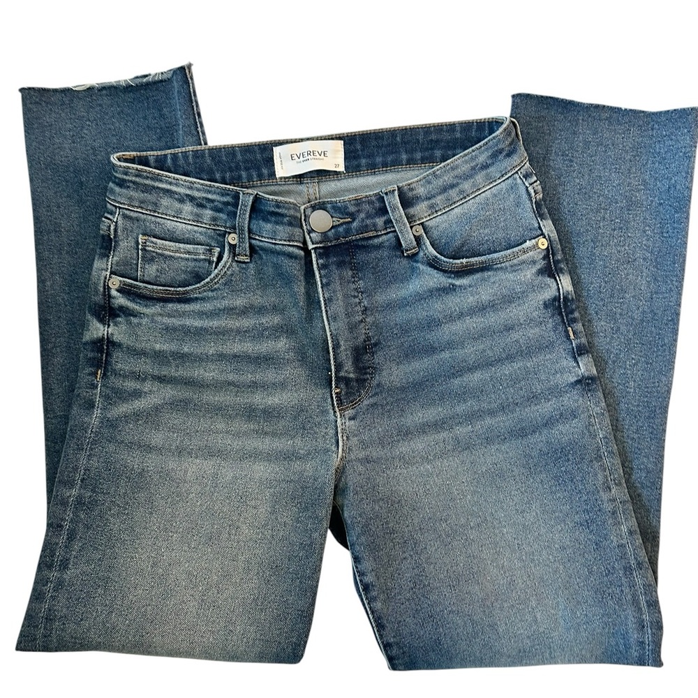 Evereve Size 27 Straight Leg Jeans Raw Hem Medium Wash Denim